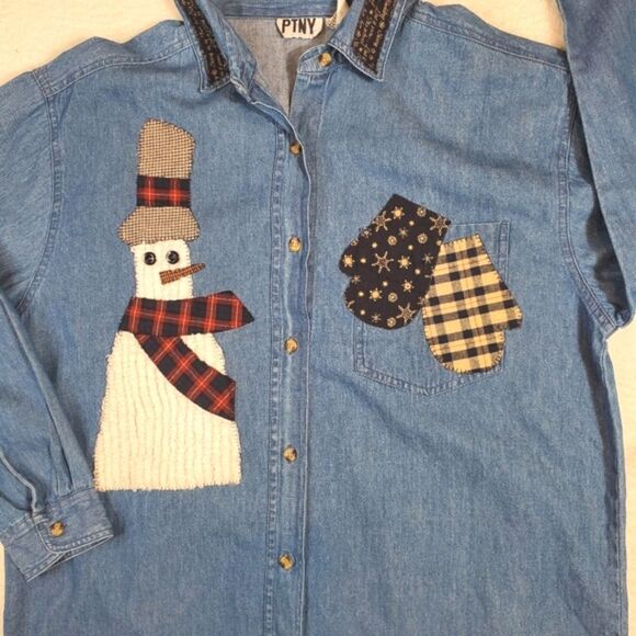 PTNY Vintage Denim Christmas Snowman Shirt Size Medium - Picture 4 of 11